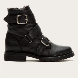 Frye Shearling Vanessa Tanker Black Leather Short Boot